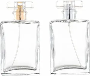 2 Pack Clear Glass Perfume Atomizer, 100ml Empty Refillable Spray Bottle for Men and Women, Portable Fragrance Fine Mist Dispenser for Travel (Gold Silver)