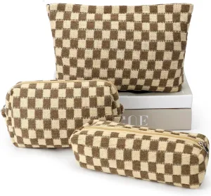 3 Pcs Makeup Bag Cosmetic Bag Set for Girls Women Checkered Travel Organizer Bathroom Toiletry Pouch Large Capacity Storage Bag (Brown)