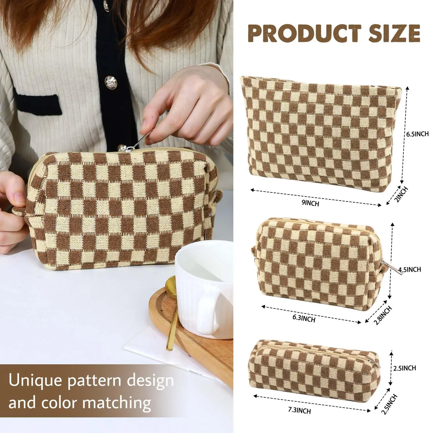 3 Pcs Makeup Bag Cosmetic Bag Set for Girls Women Checkered Travel Organizer Bathroom Toiletry Pouch Large Capacity Storage Bag (Brown)