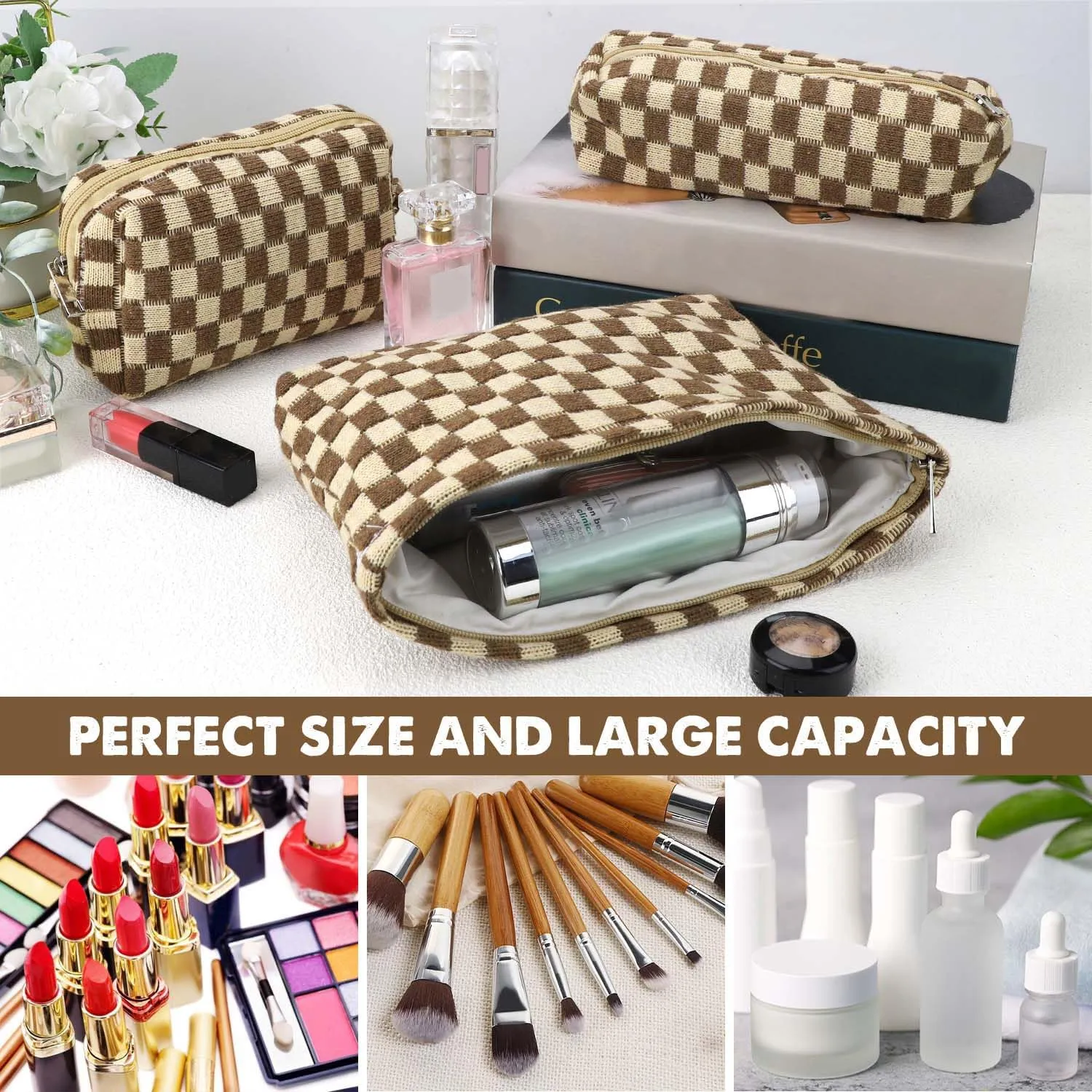 3 Pcs Makeup Bag Cosmetic Bag Set for Girls Women Checkered Travel Organizer Bathroom Toiletry Pouch Large Capacity Storage Bag (Brown)