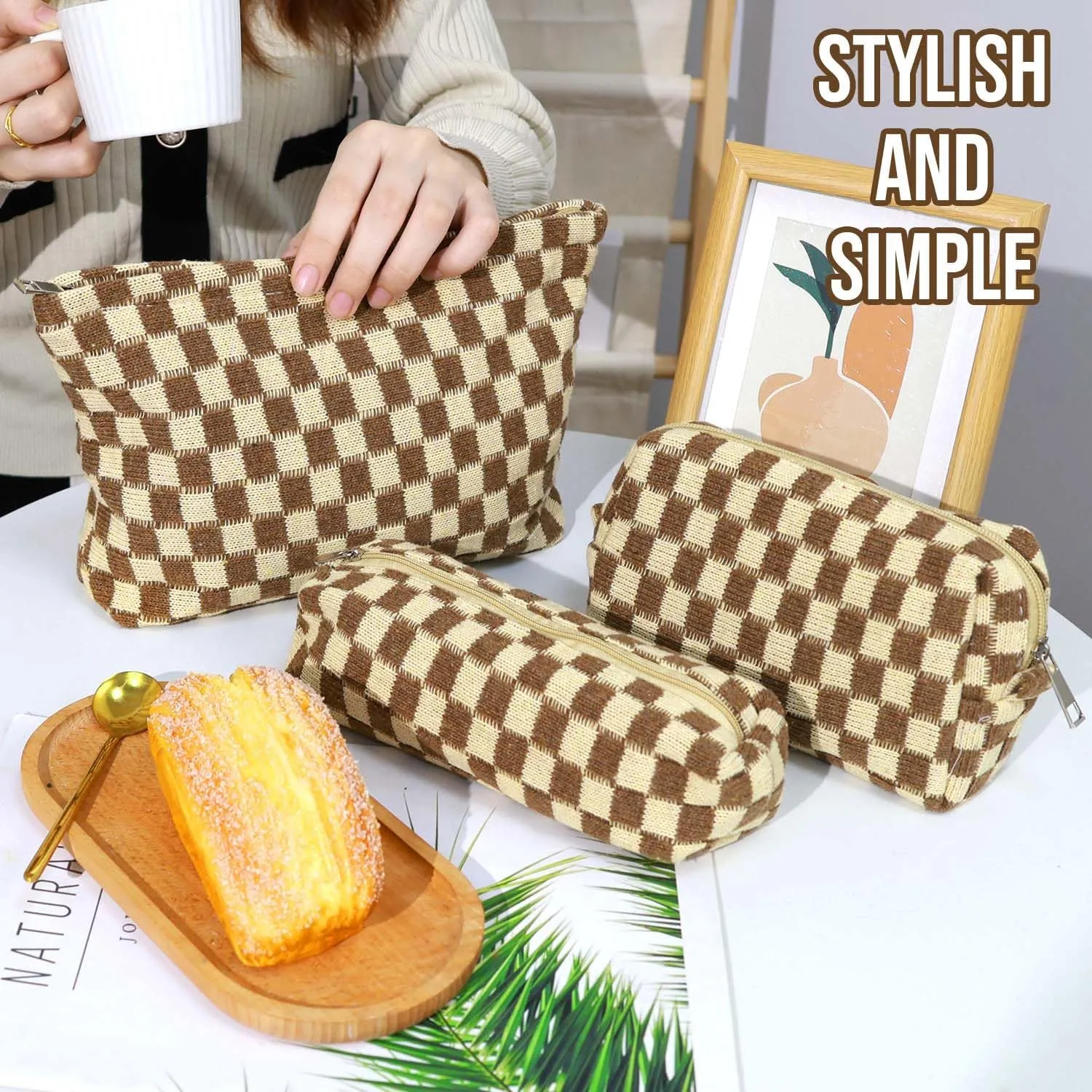 3 Pcs Makeup Bag Cosmetic Bag Set for Girls Women Checkered Travel Organizer Bathroom Toiletry Pouch Large Capacity Storage Bag (Brown)