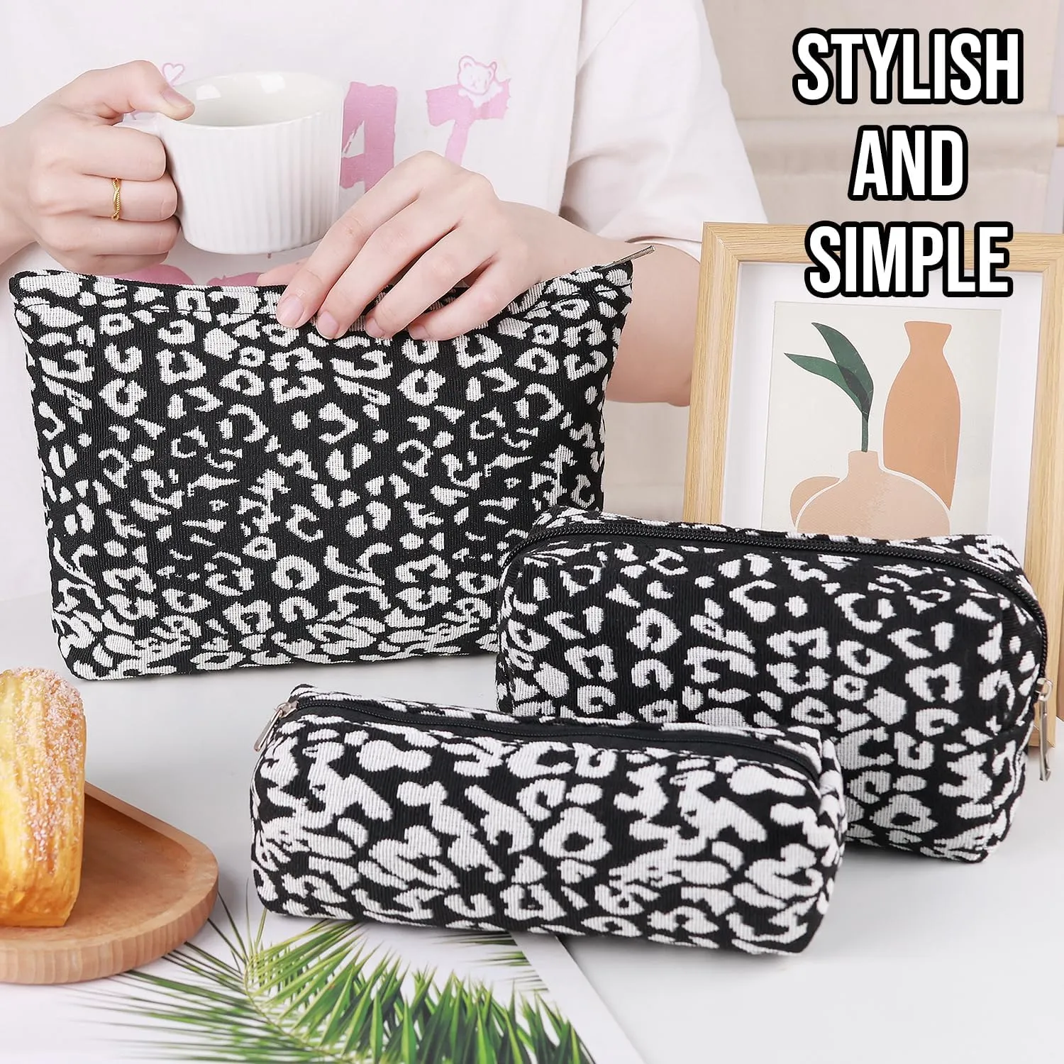 3 Pcs Makeup Bag Cosmetic Bag Set for Girls Women Travel Organizer Bathroom Toiletry Pouch Large Capacity Storage Bag (Black-2)
