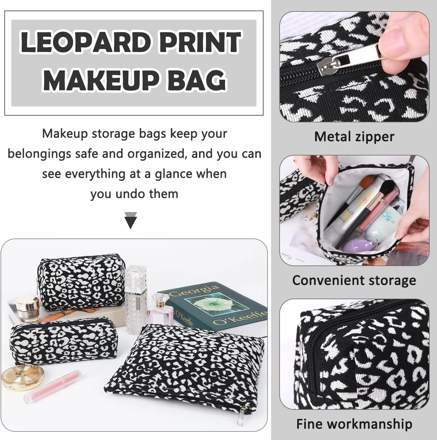 3 Pcs Makeup Bag Cosmetic Bag Set for Girls Women Travel Organizer Bathroom Toiletry Pouch Large Capacity Storage Bag (Black-2)