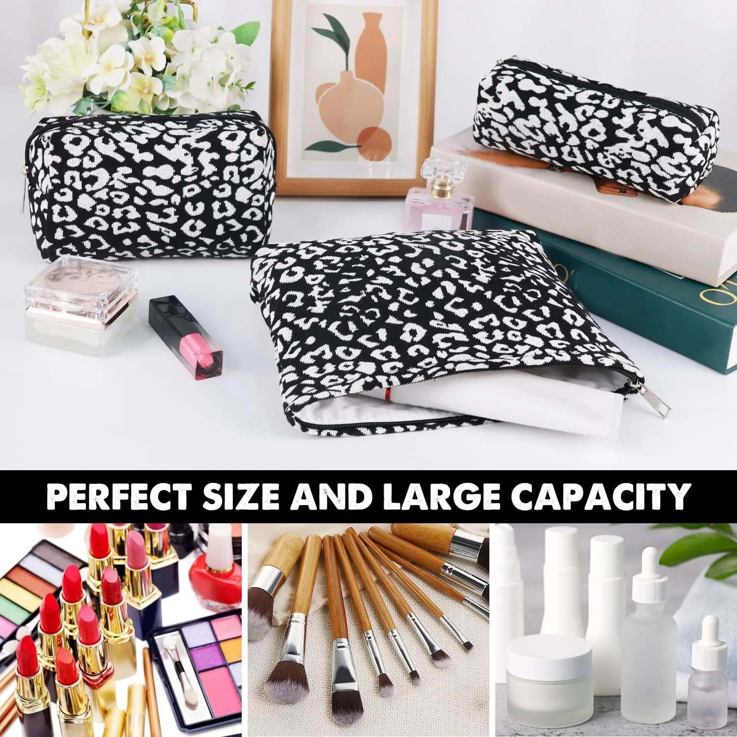 3 Pcs Makeup Bag Cosmetic Bag Set for Girls Women Travel Organizer Bathroom Toiletry Pouch Large Capacity Storage Bag (Black-2)