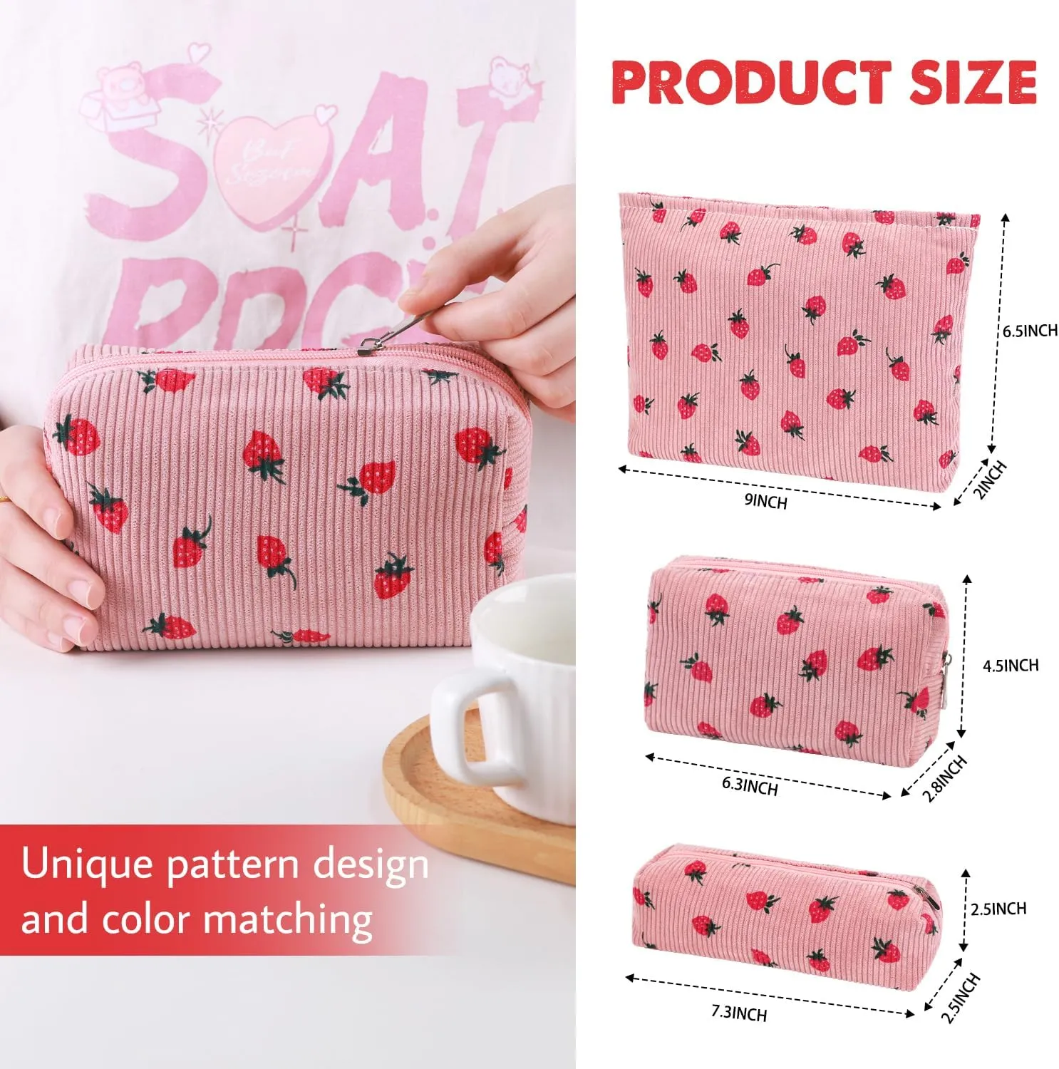 3 Pcs Makeup Bag Cosmetic Bag Set for Girls Women Travel Organizer Bathroom Toiletry Pouch Large Capacity Storage Bag (Strawberry Pink)