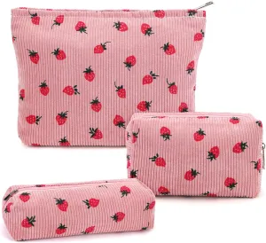 3 Pcs Makeup Bag Cosmetic Bag Set for Girls Women Travel Organizer Bathroom Toiletry Pouch Large Capacity Storage Bag (Strawberry Pink)