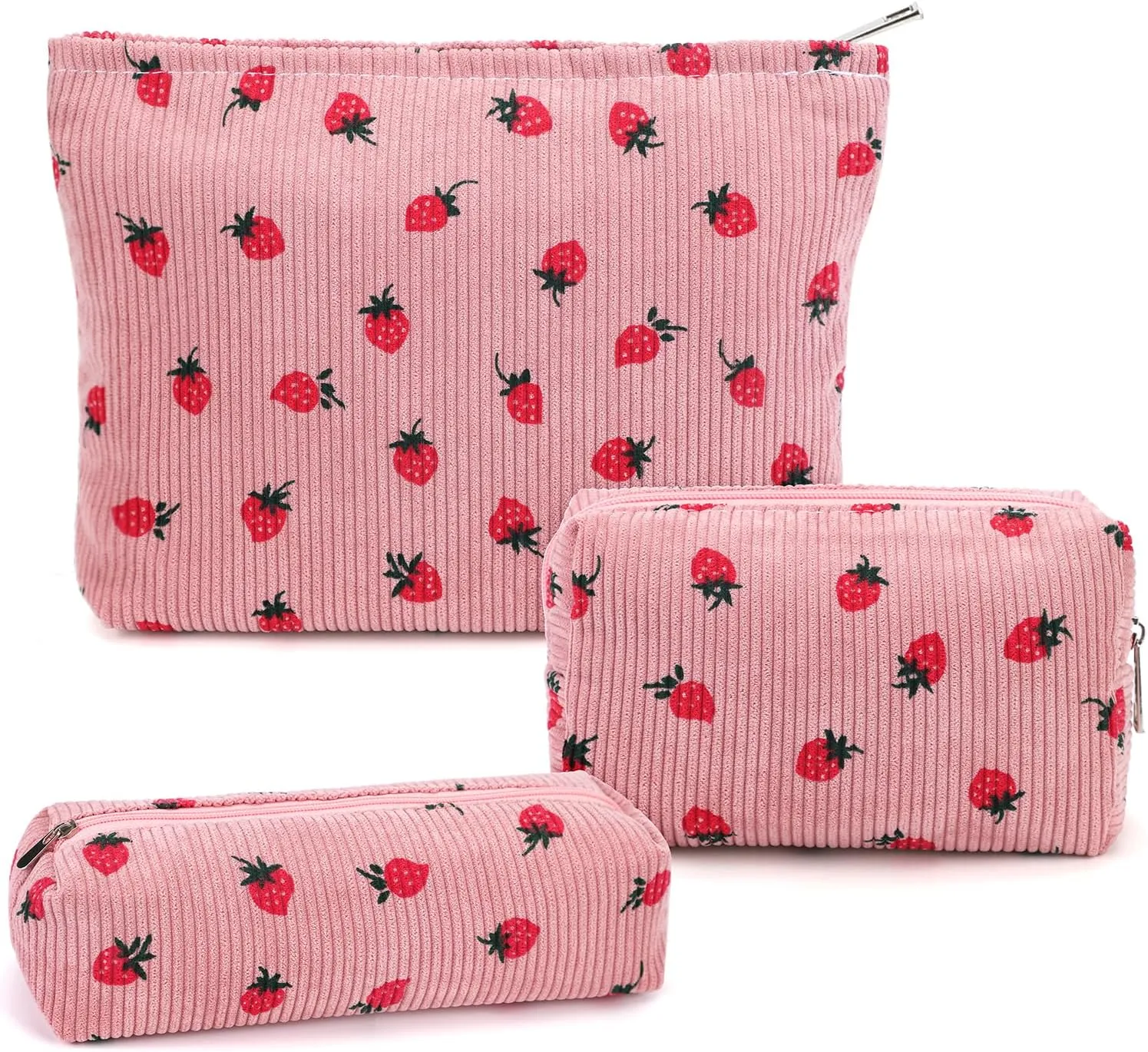 3 Pcs Makeup Bag Cosmetic Bag Set for Girls Women Travel Organizer Bathroom Toiletry Pouch Large Capacity Storage Bag (Strawberry Pink)