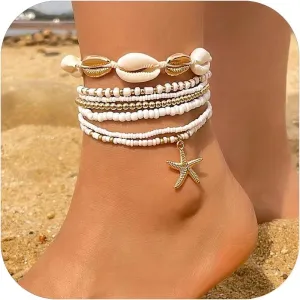 7 Pcs Bohemian Starfish Anklets Gold Boho Ankle Bracelets for Women, Dainty Handmade Adjustable Beaded Starfish & Natural Shell Anklet Set, Waterproof Layered Beach Foot Jewelry for Summer