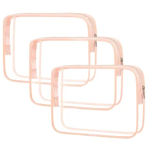 APREUTY Clear Makeup Bags, TSA Approved 3Pcs Cosmetic Makeup Bags Set Clear PVC with Zipper Handle Portable Travel Luggage Pouch Airport Airline Vacation Organization (Pink)