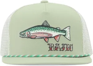 Bajo Flat Brim Fishing Hat  Marine Art Snapback Trucker Cap with Embroidered Ocean Design, Breathable and Coastal-Ready