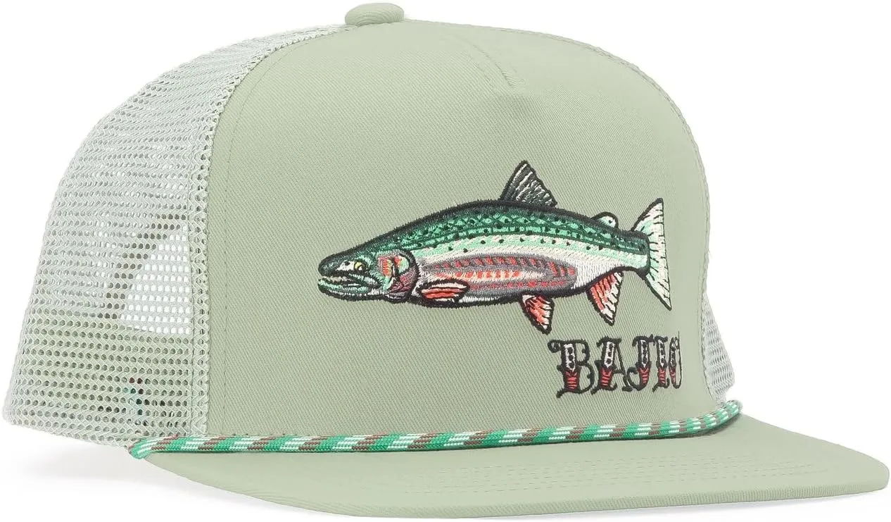 Bajo Flat Brim Fishing Hat  Marine Art Snapback Trucker Cap with Embroidered Ocean Design, Breathable and Coastal-Ready