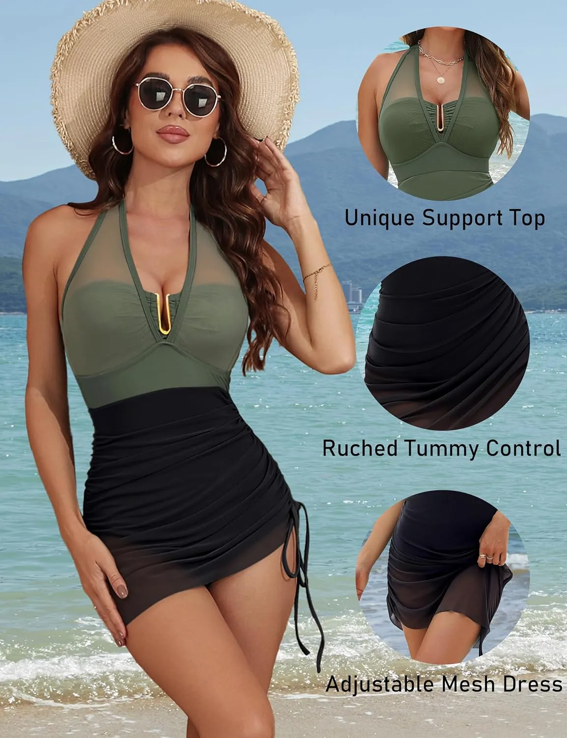 BMJL Womens One Piece Swimsuit Tummy Control Swim Dress Slimming Mesh Sheer Halter Sarong Wraps Bathing Suit