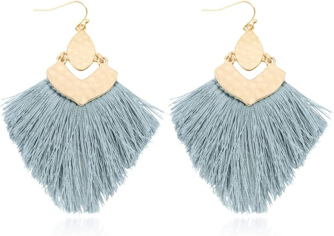 Bohemian Thread Tassel Drop Earrings - Geometric Petal Fan Fringe Feather Statement Chandelier Duster Dangles