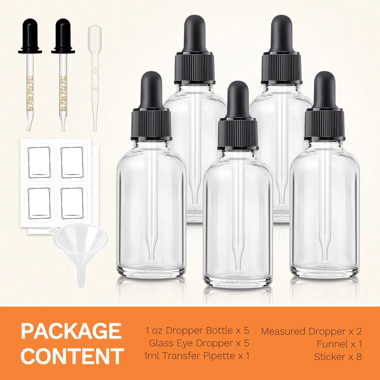 Bumobum 5-Pack 1 oz Clear Glass Dropper Bottles with 2 Extra Glass Droppers, 1 Funnel, 1 Pipette, 8 Labels - 30 ml Essential Oil Bottles for Serums, Hair, Body & Cuticle Oils