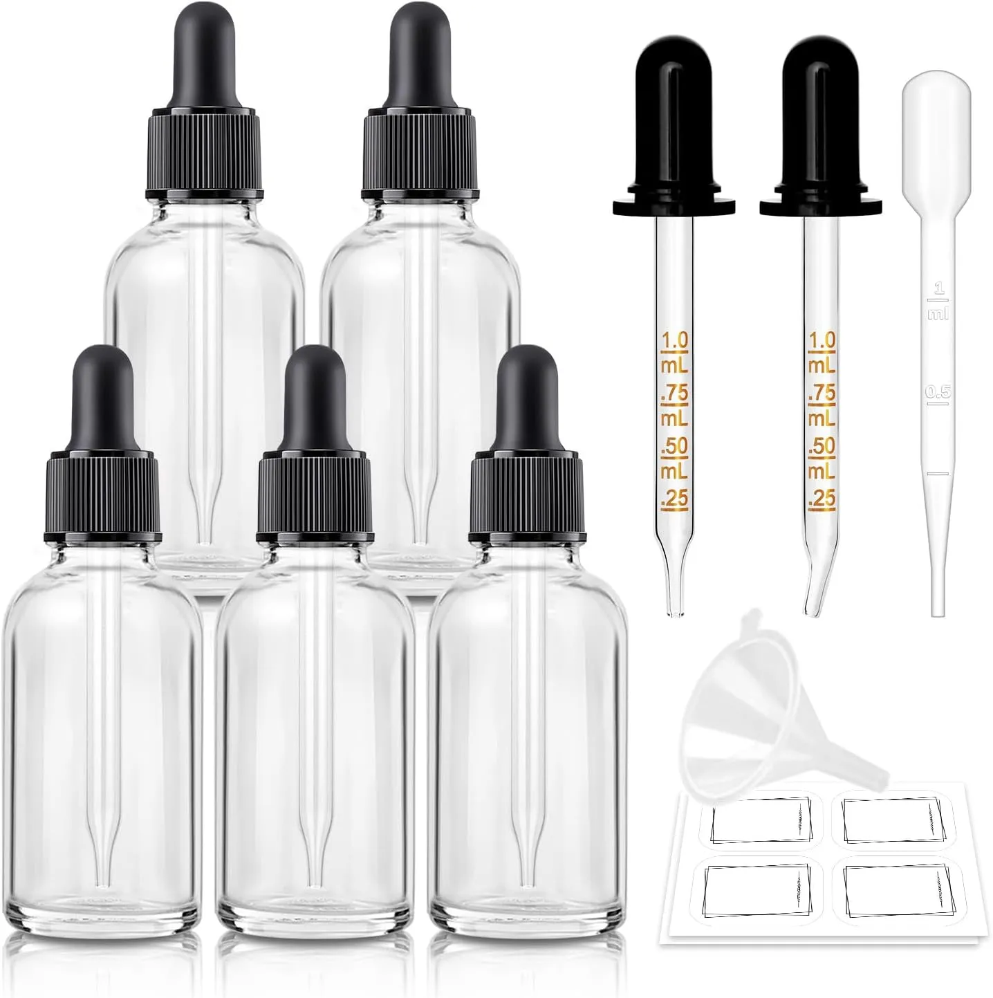 Bumobum 5-Pack 1 oz Clear Glass Dropper Bottles with 2 Extra Glass Droppers, 1 Funnel, 1 Pipette, 8 Labels - 30 ml Essential Oil Bottles for Serums, Hair, Body & Cuticle Oils