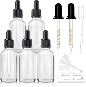 Bumobum 5-Pack 1 oz Clear Glass Dropper Bottles with 2 Extra Glass Droppers, 1 Funnel, 1 Pipette, 8 Labels - 30 ml Essential Oil Bottles for Serums, Hair, Body & Cuticle Oils