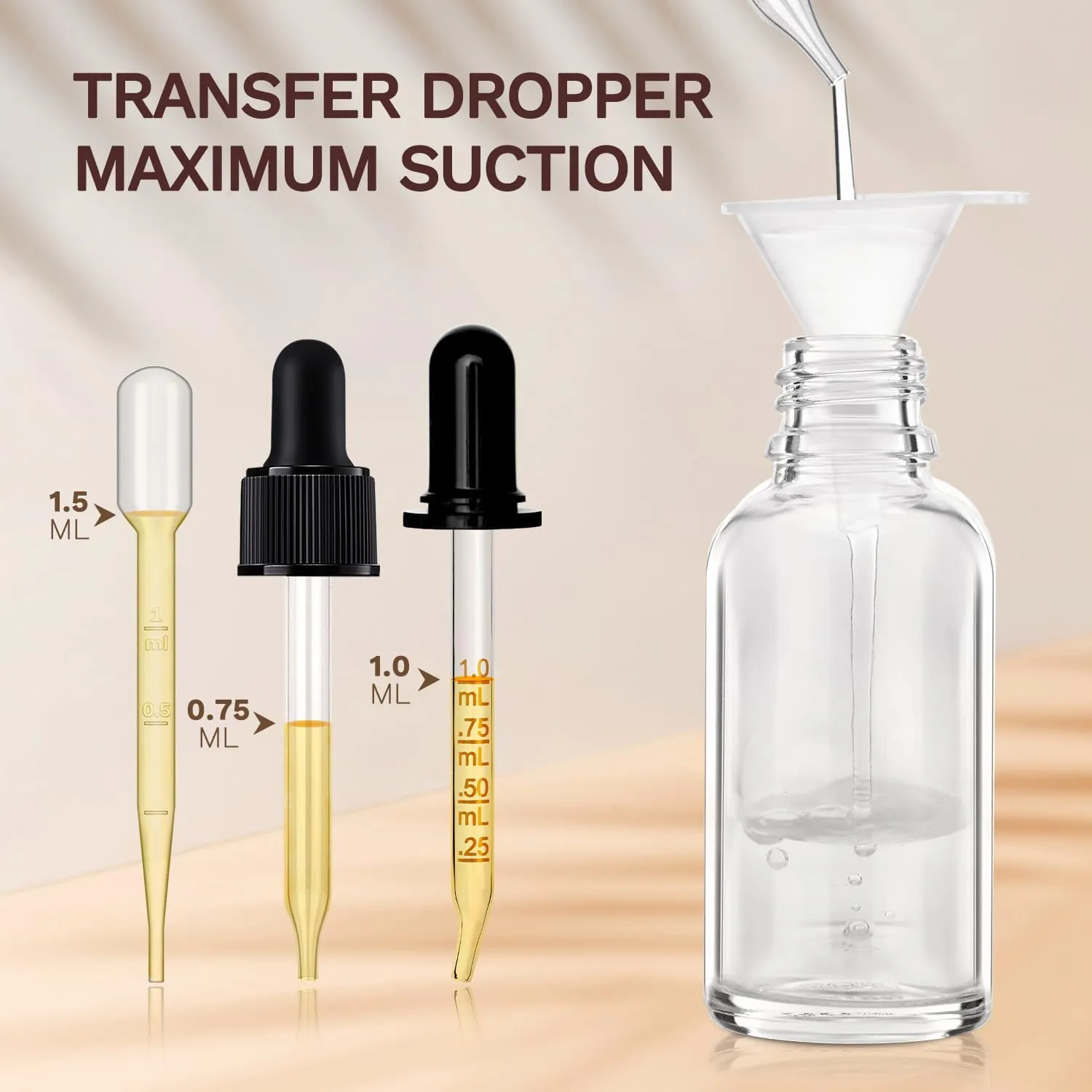 Bumobum 5-Pack 1 oz Clear Glass Dropper Bottles with 2 Extra Glass Droppers, 1 Funnel, 1 Pipette, 8 Labels - 30 ml Essential Oil Bottles for Serums, Hair, Body & Cuticle Oils
