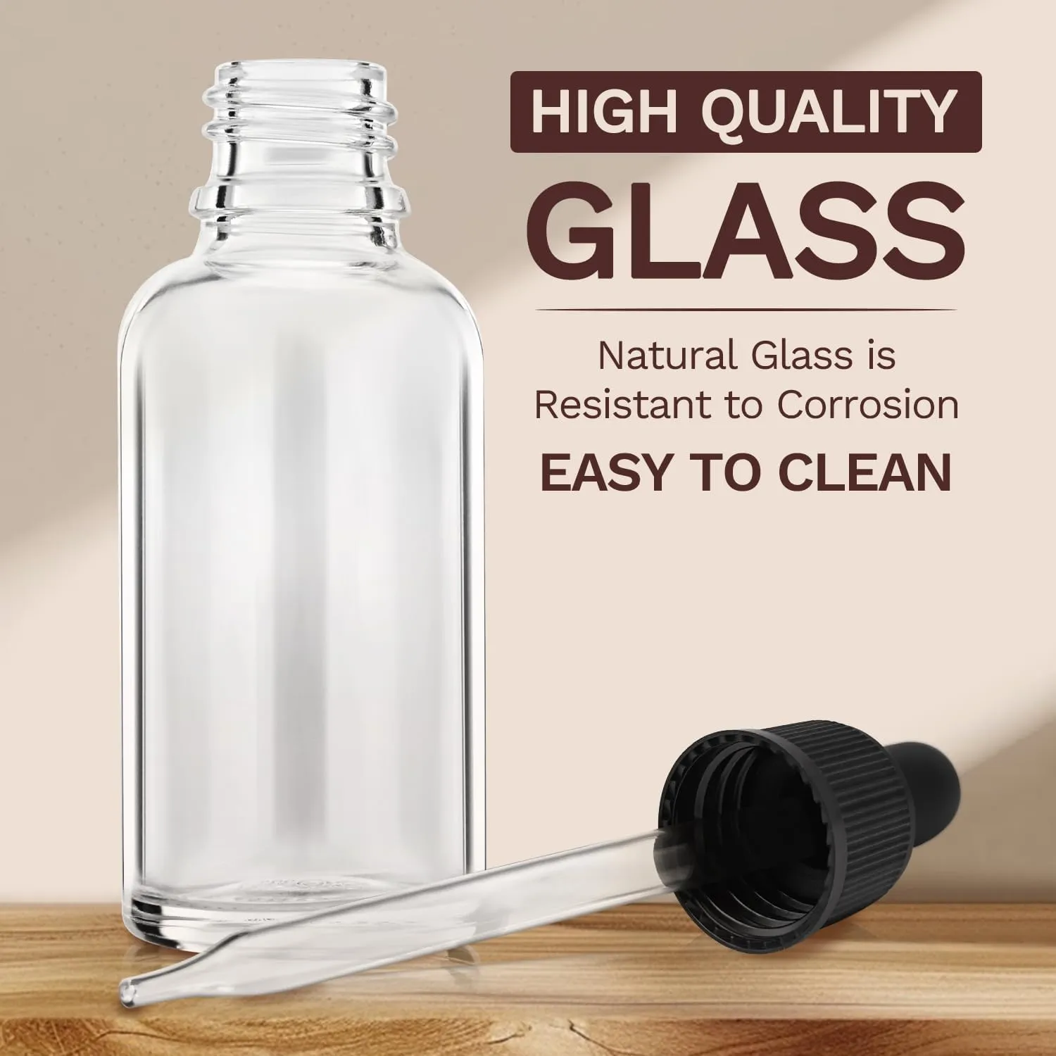 Bumobum 5-Pack 1 oz Clear Glass Dropper Bottles with 2 Extra Glass Droppers, 1 Funnel, 1 Pipette, 8 Labels - 30 ml Essential Oil Bottles for Serums, Hair, Body & Cuticle Oils