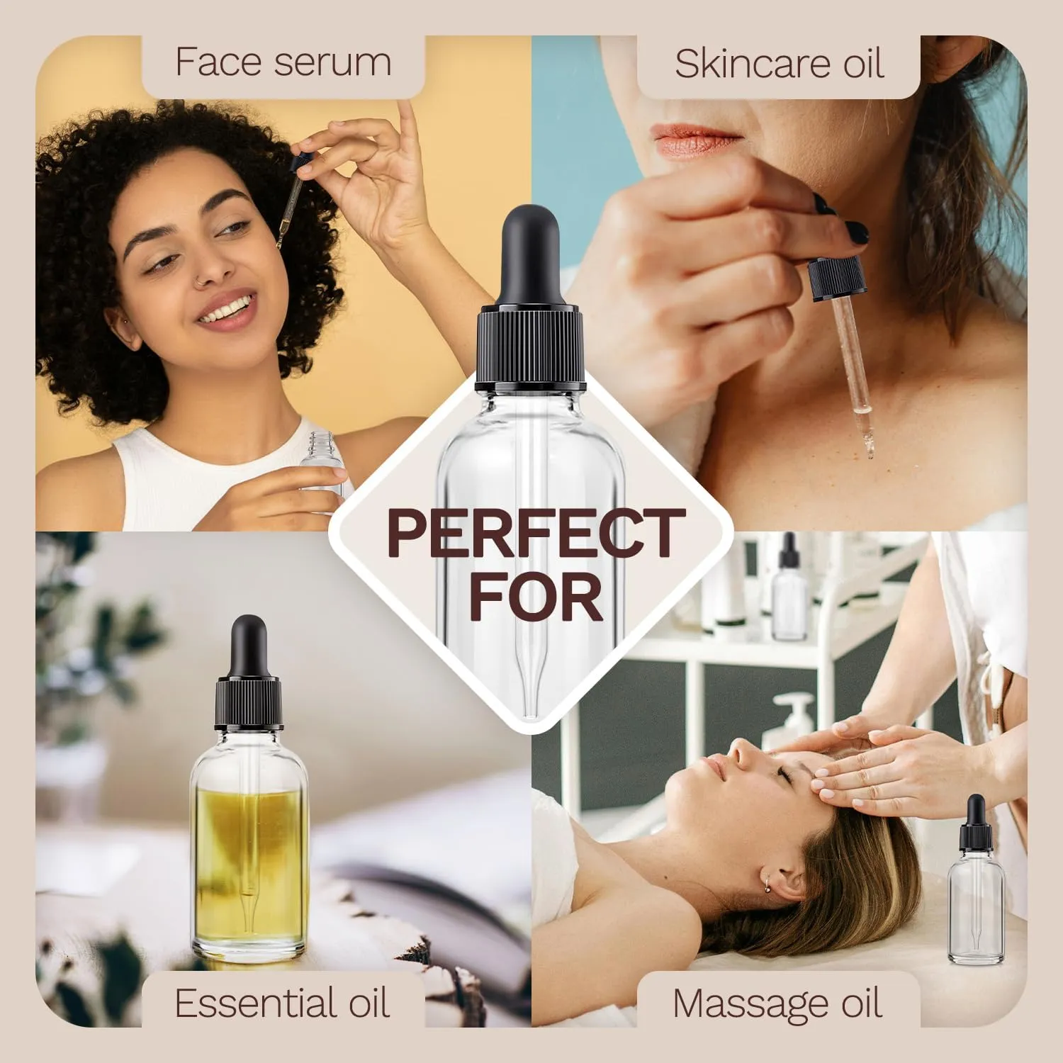 Bumobum 5-Pack 1 oz Clear Glass Dropper Bottles with 2 Extra Glass Droppers, 1 Funnel, 1 Pipette, 8 Labels - 30 ml Essential Oil Bottles for Serums, Hair, Body & Cuticle Oils