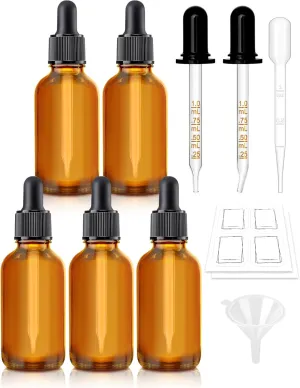 Bumobum 5 Pack, 1 oz Dropper Bottle with 2 Extra Graduated Calibrated Glass Dropper (1ml), Amber Glass Dropper Bottle 30ml Empty Dark Brown Tincture Bottles Eye Dropper for Essential Oils, Liquids