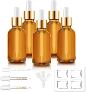 Bumobum Dropper Bottle, 5 Pack 1 oz Amber Glass Dropper Bottle with 2 Measured Dropper, 1 Funnel, 1 Pipette & 8 Labels, 30 ml Eye Dropper Tincture Bottles for Essential Serums Hair Body Oils