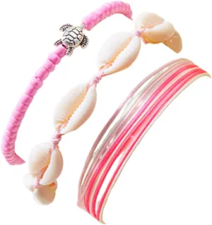 Caiyao 3Pcs Vintage Adjustable Shell Sea Turtle Rice Beads Charm Bracelets Anklets Colorful Bohemia Waterproof Surf Friendship Braided String Bracelet for Women Men Summer Beach Holiday Jewelry Gift