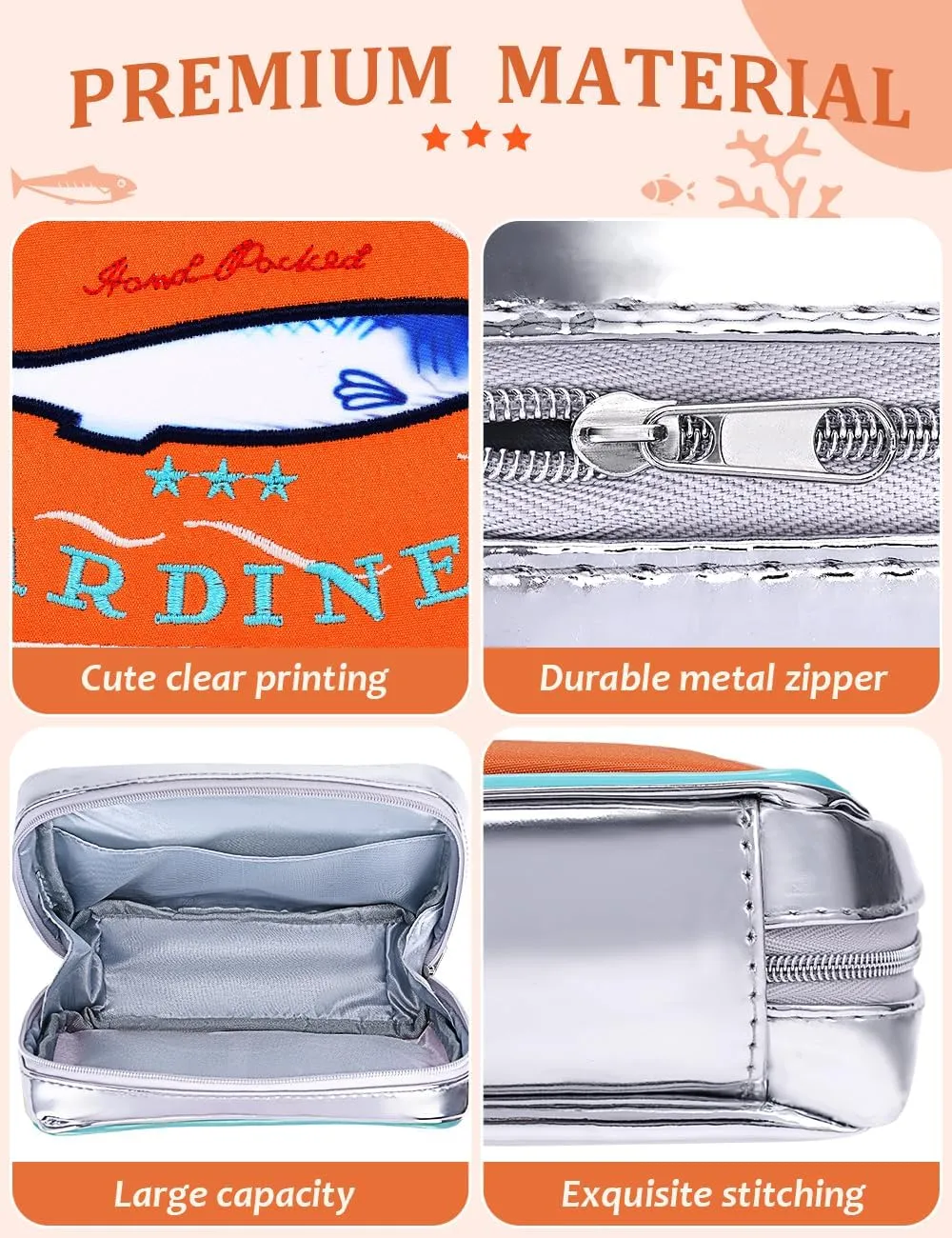 Cessfle Canned Sardines Makeup Bag, Funny Sardine Tin Fish Cosmetic Bag, Creative Cute Makeup Bag Kawaii Pencil Case Pouch, Coquette Make up Pouch for Women, 6.1*4.3*4.5inch, Orange mix Blue