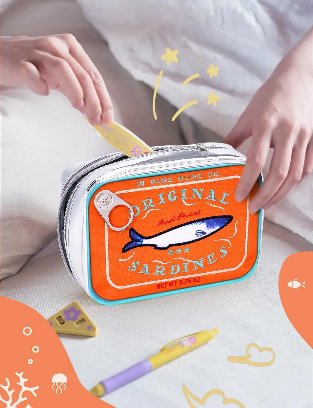 Cessfle Canned Sardines Makeup Bag, Funny Sardine Tin Fish Cosmetic Bag, Creative Cute Makeup Bag Kawaii Pencil Case Pouch, Coquette Make up Pouch for Women, 6.1*4.3*4.5inch, Orange mix Blue