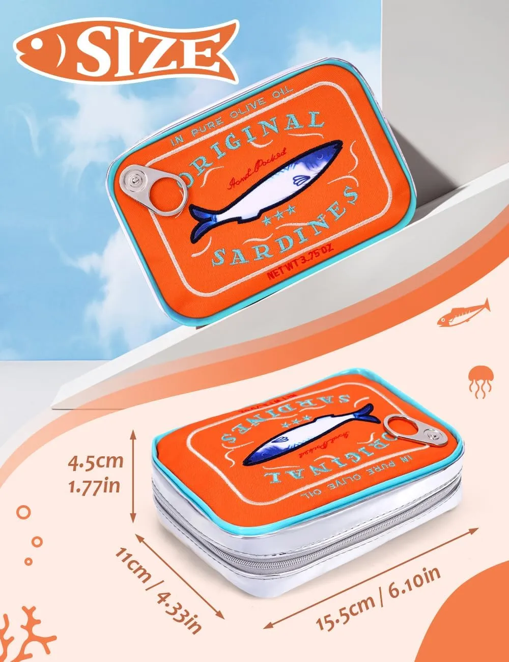 Cessfle Canned Sardines Makeup Bag, Funny Sardine Tin Fish Cosmetic Bag, Creative Cute Makeup Bag Kawaii Pencil Case Pouch, Coquette Make up Pouch for Women, 6.1*4.3*4.5inch, Orange mix Blue