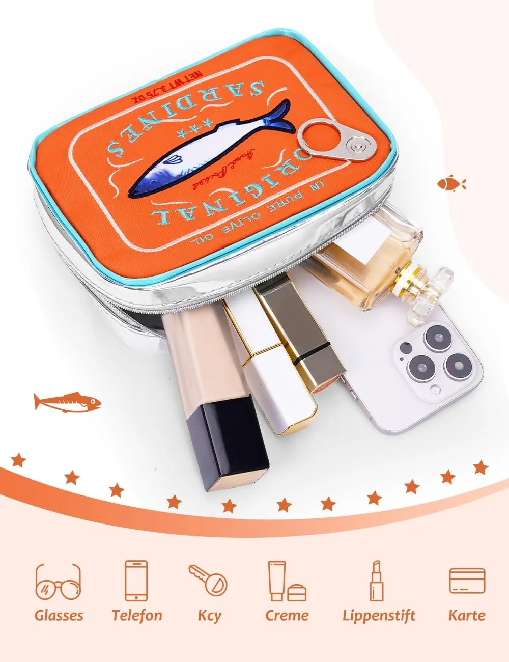 Cessfle Canned Sardines Makeup Bag, Funny Sardine Tin Fish Cosmetic Bag, Creative Cute Makeup Bag Kawaii Pencil Case Pouch, Coquette Make up Pouch for Women, 6.1*4.3*4.5inch, Orange mix Blue
