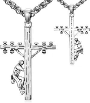 Cross Necklace with John 1:4 925 Sterling Silver Lineman Cross Pendant Christian Jewelry for Men, w/Stainless Steel Chain 22''   2''