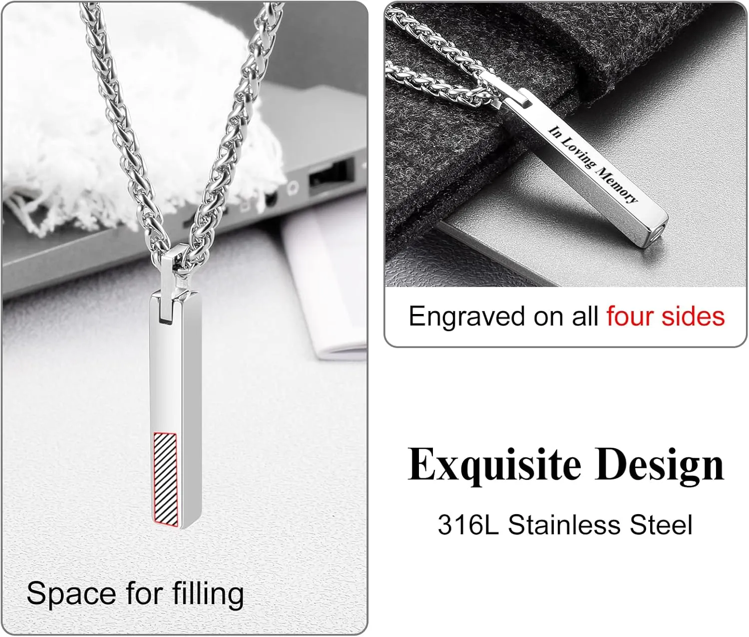 Dletay Urn Necklace for Ashes Stainless Steel Cremation Jewelry for Ashes Memorial Ash Necklace for Men Women Ash Holder Black