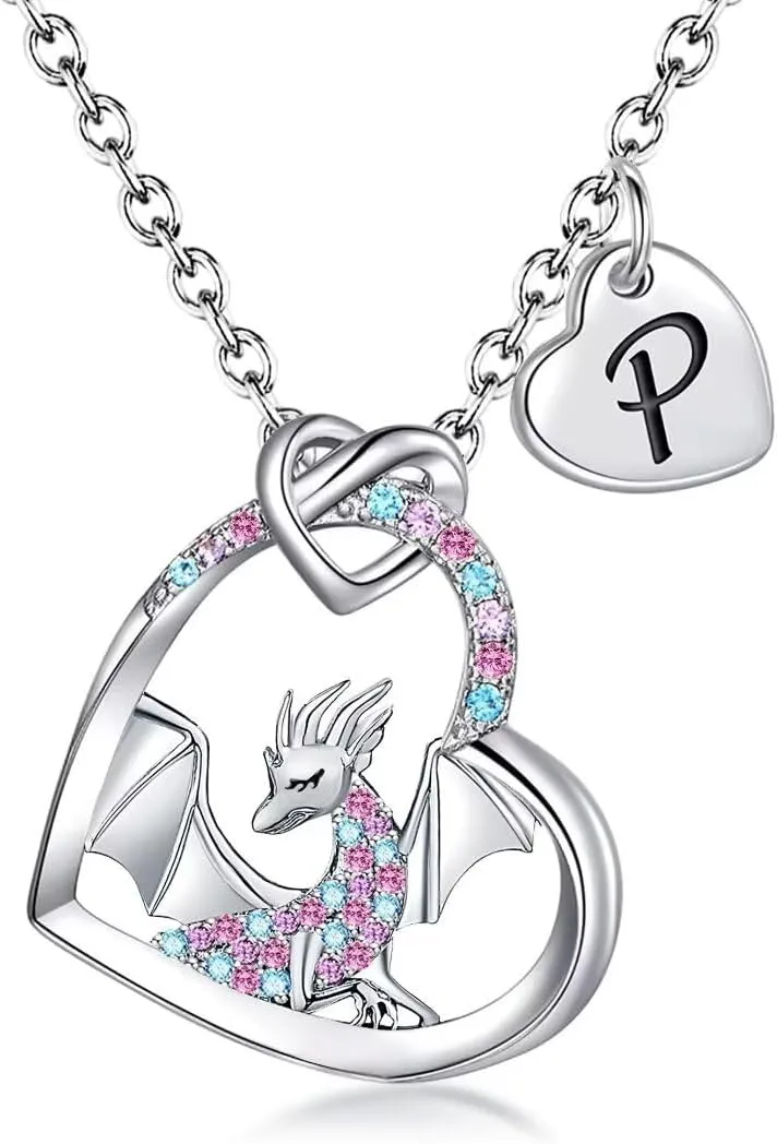 Dragon Necklace Gifts for Kids Girls Rainbow Dinosaur Animal Pendant Colorful CZ Heart Letter Initial Jewelry Gifts for Daughter Granddaughter Niece Little Teen Girl