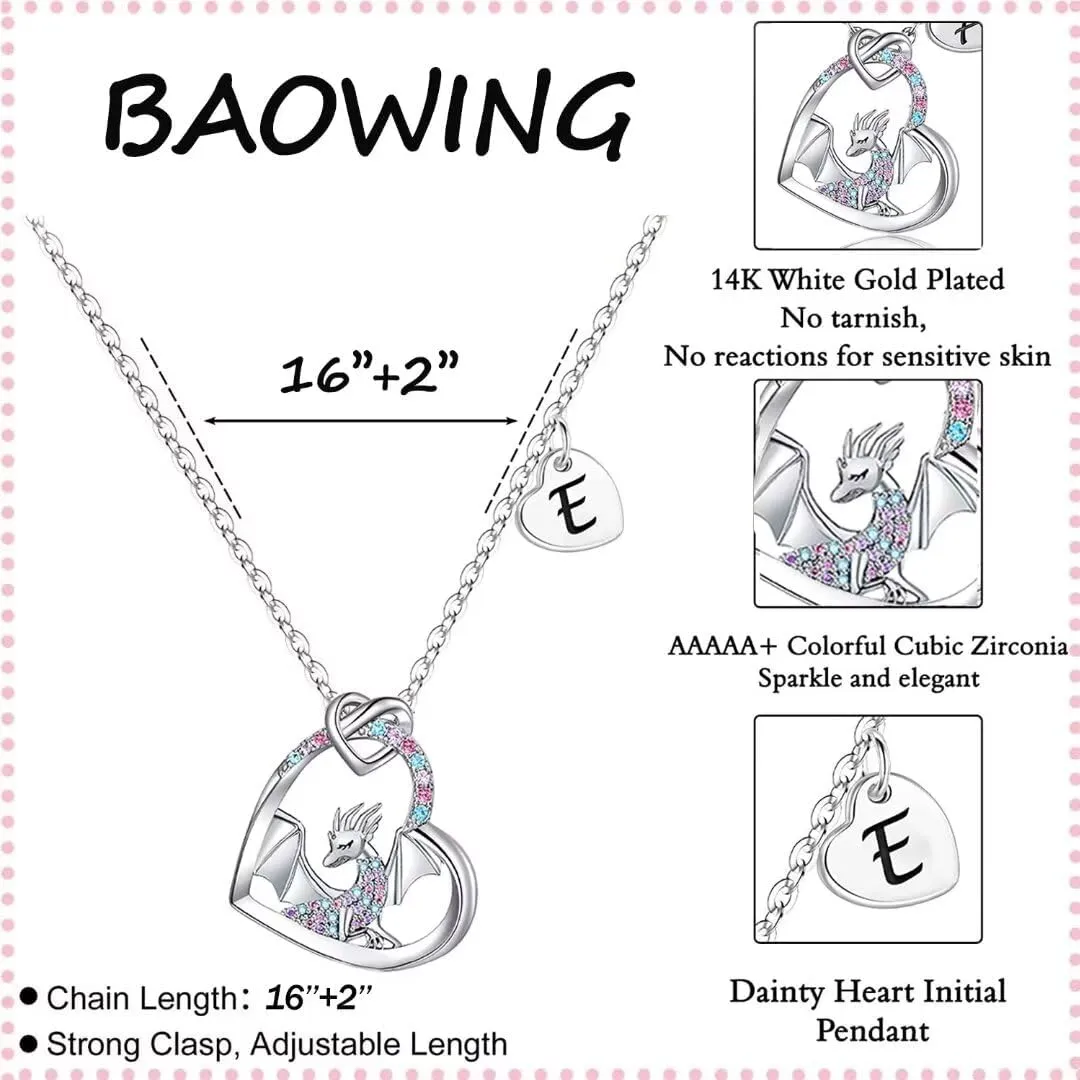 Dragon Necklace Gifts for Kids Girls Rainbow Dinosaur Animal Pendant Colorful CZ Heart Letter Initial Jewelry Gifts for Daughter Granddaughter Niece Little Teen Girl