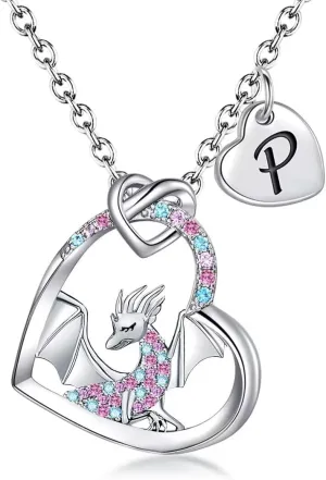 Dragon Necklace Gifts for Kids Girls Rainbow Dinosaur Animal Pendant Colorful CZ Heart Letter Initial Jewelry Gifts for Daughter Granddaughter Niece Little Teen Girl