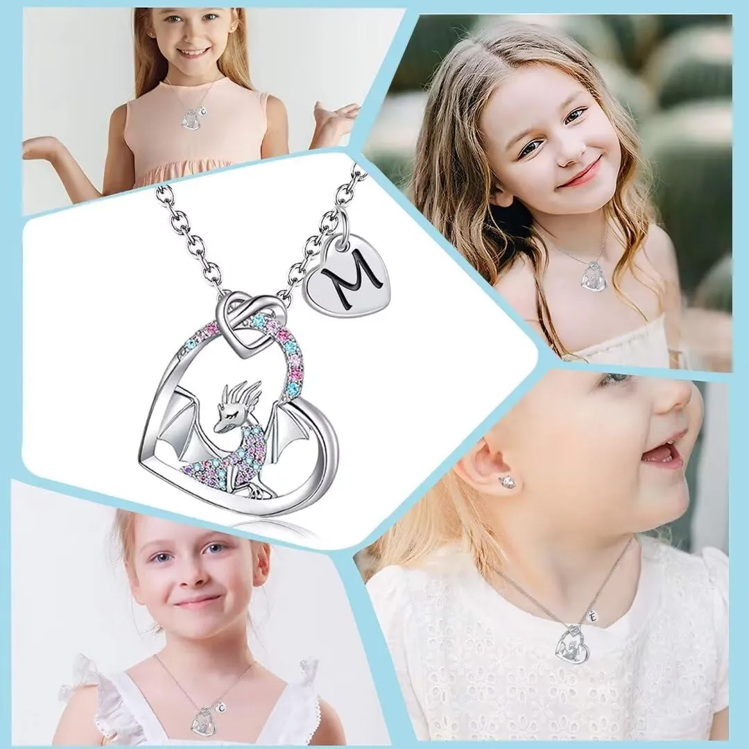 Dragon Necklace Gifts for Kids Girls Rainbow Dinosaur Animal Pendant Colorful CZ Heart Letter Initial Jewelry Gifts for Daughter Granddaughter Niece Little Teen Girl