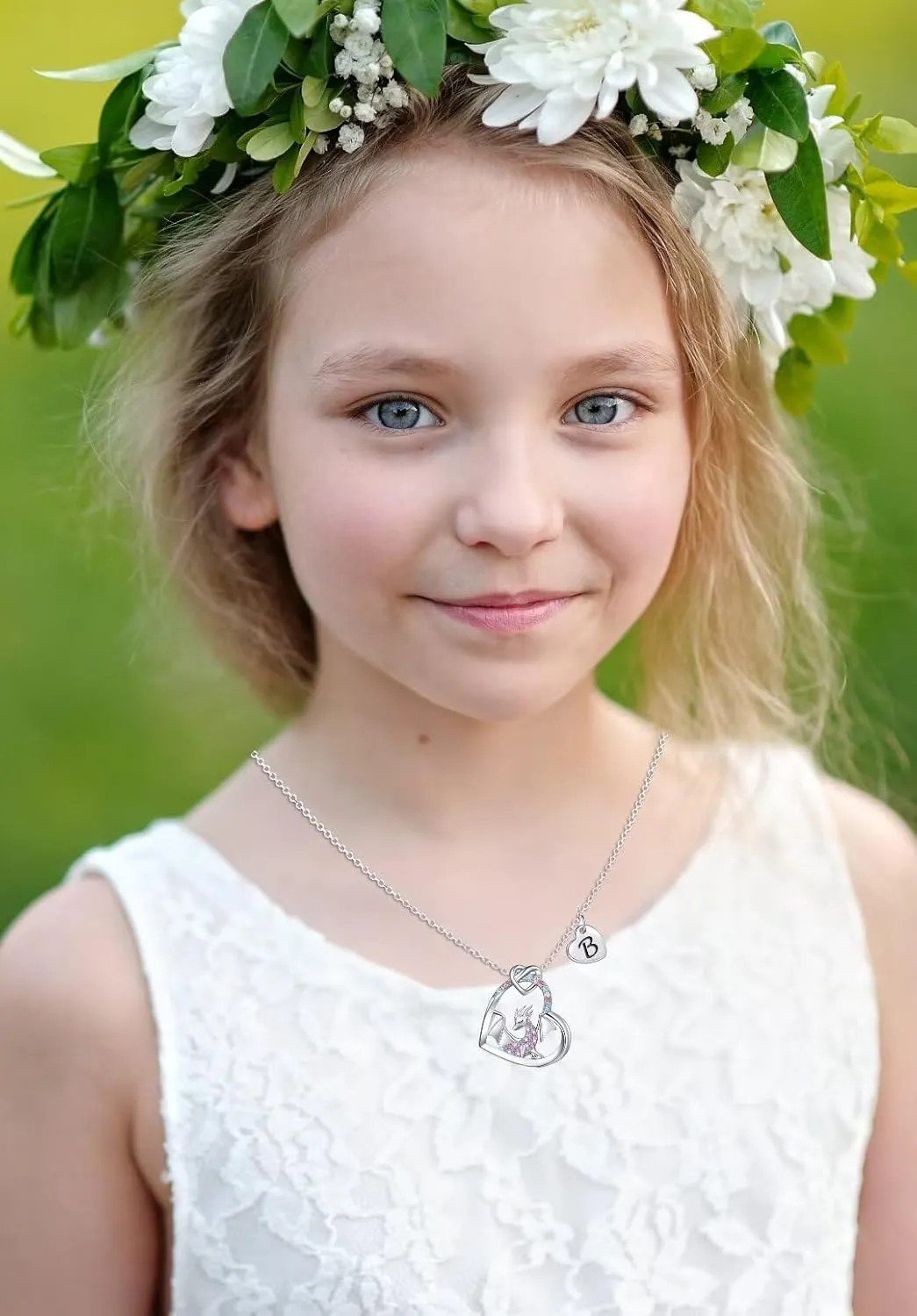 Dragon Necklace Gifts for Kids Girls Rainbow Dinosaur Animal Pendant Colorful CZ Heart Letter Initial Jewelry Gifts for Daughter Granddaughter Niece Little Teen Girl