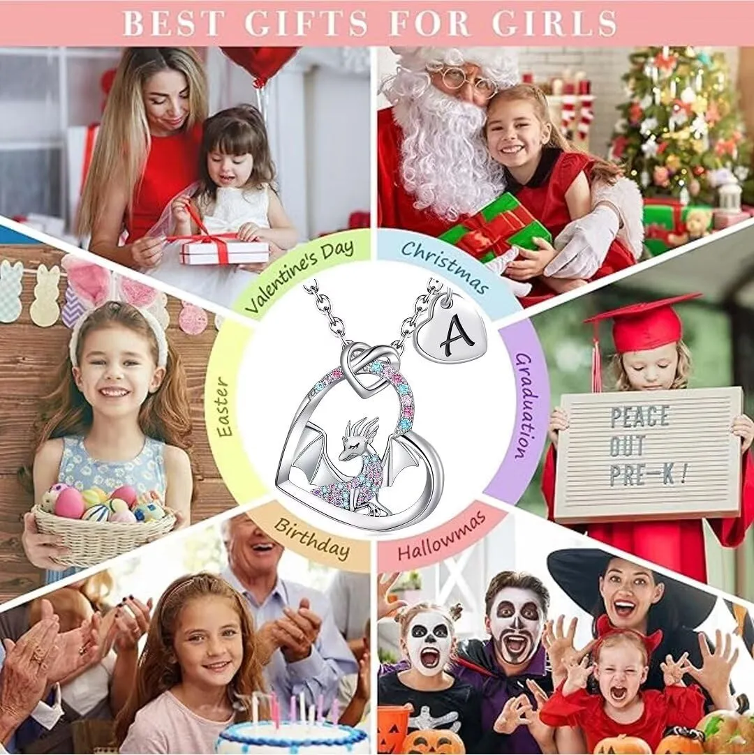 Dragon Necklace Gifts for Kids Girls Rainbow Dinosaur Animal Pendant Colorful CZ Heart Letter Initial Jewelry Gifts for Daughter Granddaughter Niece Little Teen Girl