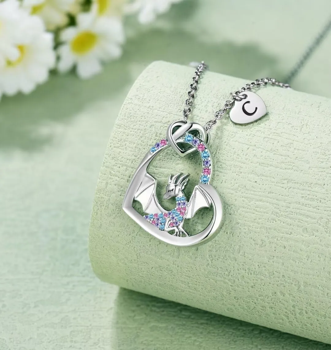 Dragon Necklace Gifts for Kids Girls Rainbow Dinosaur Animal Pendant Colorful CZ Heart Letter Initial Jewelry Gifts for Daughter Granddaughter Niece Little Teen Girl