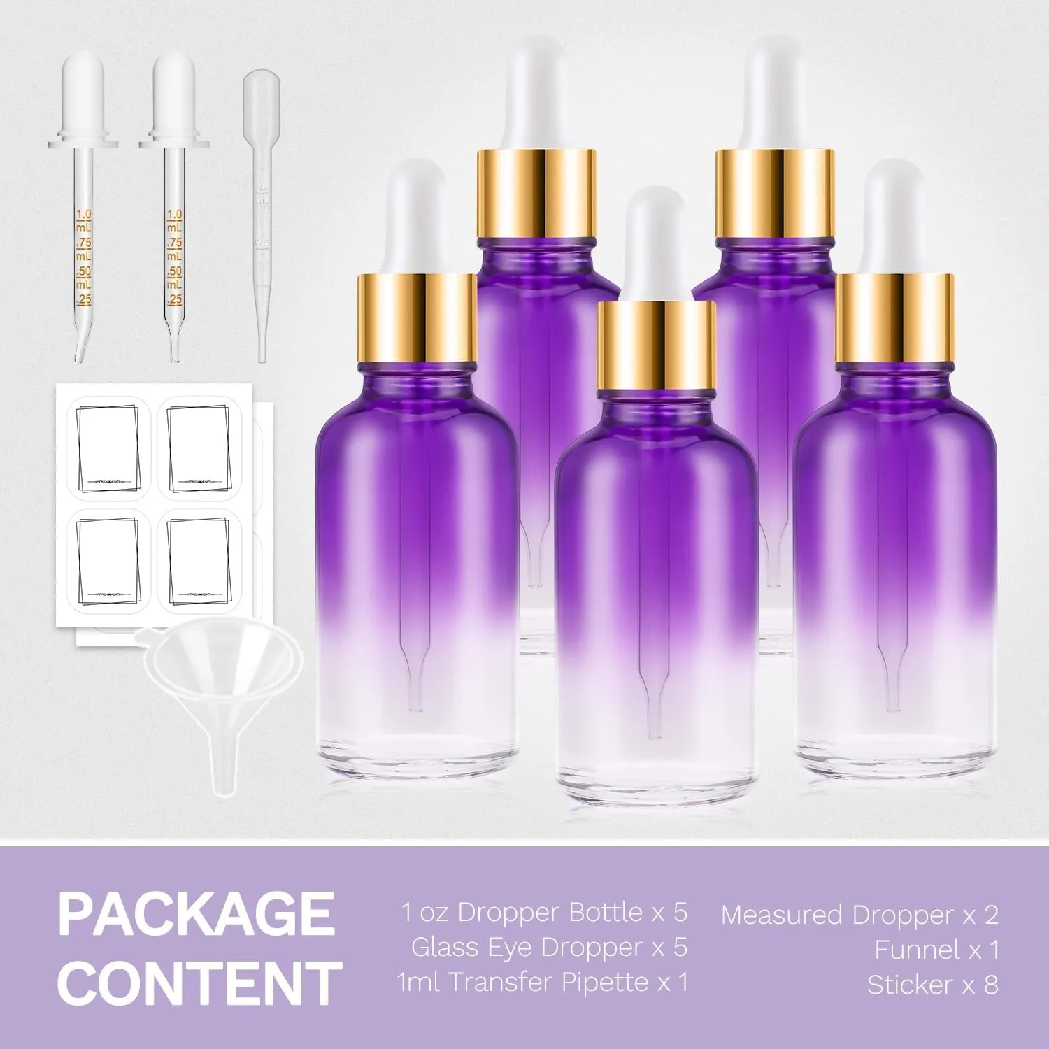 Dropper Bottle 5 Pack 1 oz, Purple Glass Eye Dropper Bottles with Golden Caps for Essential Oils with 2 Measured Dropper,1 Funnel, 1 Pipette, 8 Labels, Leakproof Essential Oils Bottle for Travel