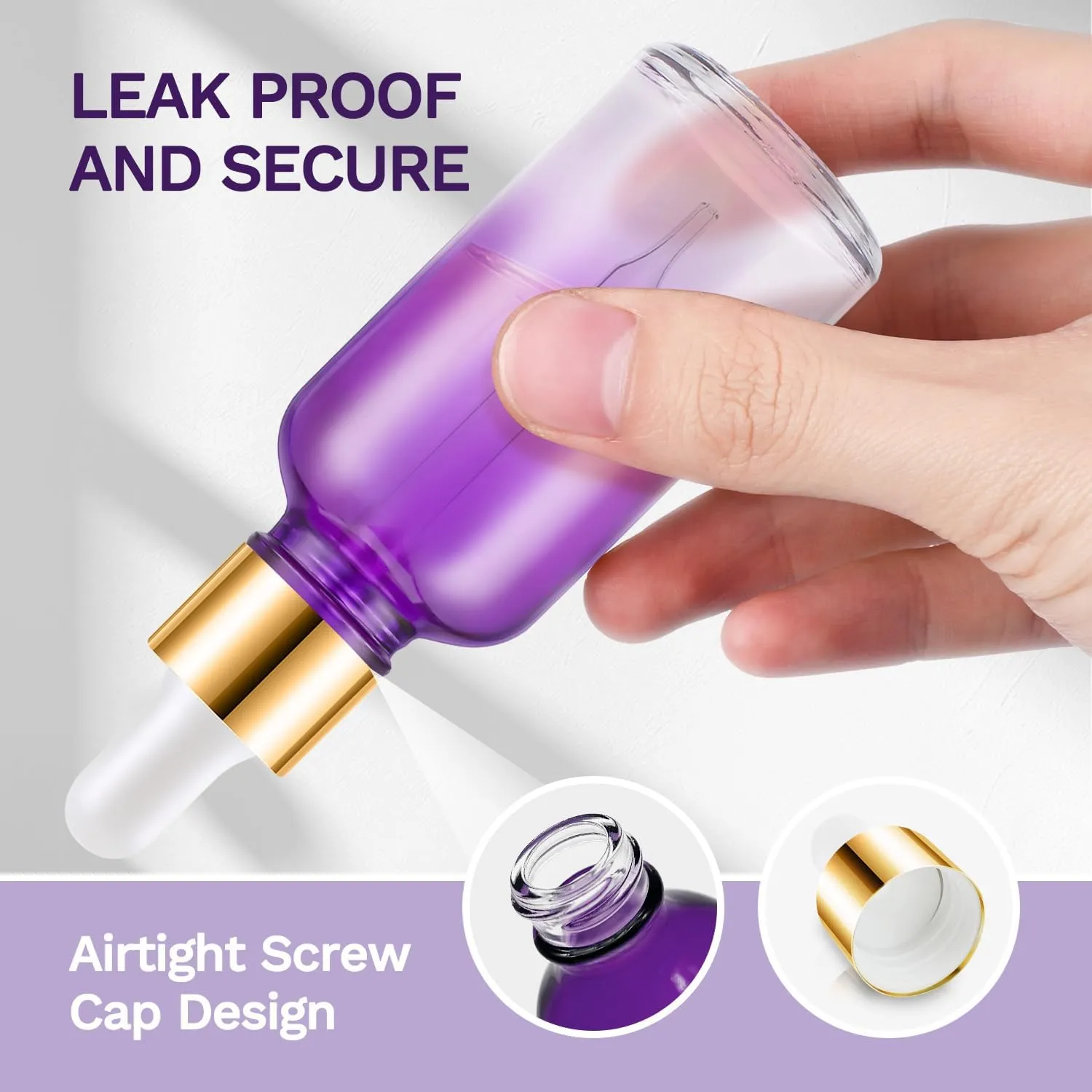 Dropper Bottle 5 Pack 1 oz, Purple Glass Eye Dropper Bottles with Golden Caps for Essential Oils with 2 Measured Dropper,1 Funnel, 1 Pipette, 8 Labels, Leakproof Essential Oils Bottle for Travel