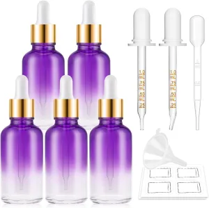 Dropper Bottle 5 Pack 1 oz, Purple Glass Eye Dropper Bottles with Golden Caps for Essential Oils with 2 Measured Dropper,1 Funnel, 1 Pipette, 8 Labels, Leakproof Essential Oils Bottle for Travel