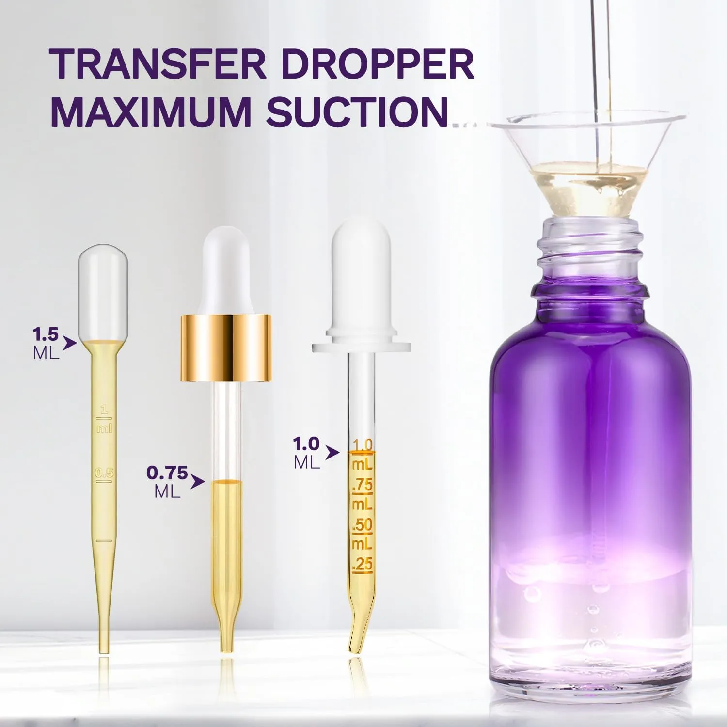 Dropper Bottle 5 Pack 1 oz, Purple Glass Eye Dropper Bottles with Golden Caps for Essential Oils with 2 Measured Dropper,1 Funnel, 1 Pipette, 8 Labels, Leakproof Essential Oils Bottle for Travel