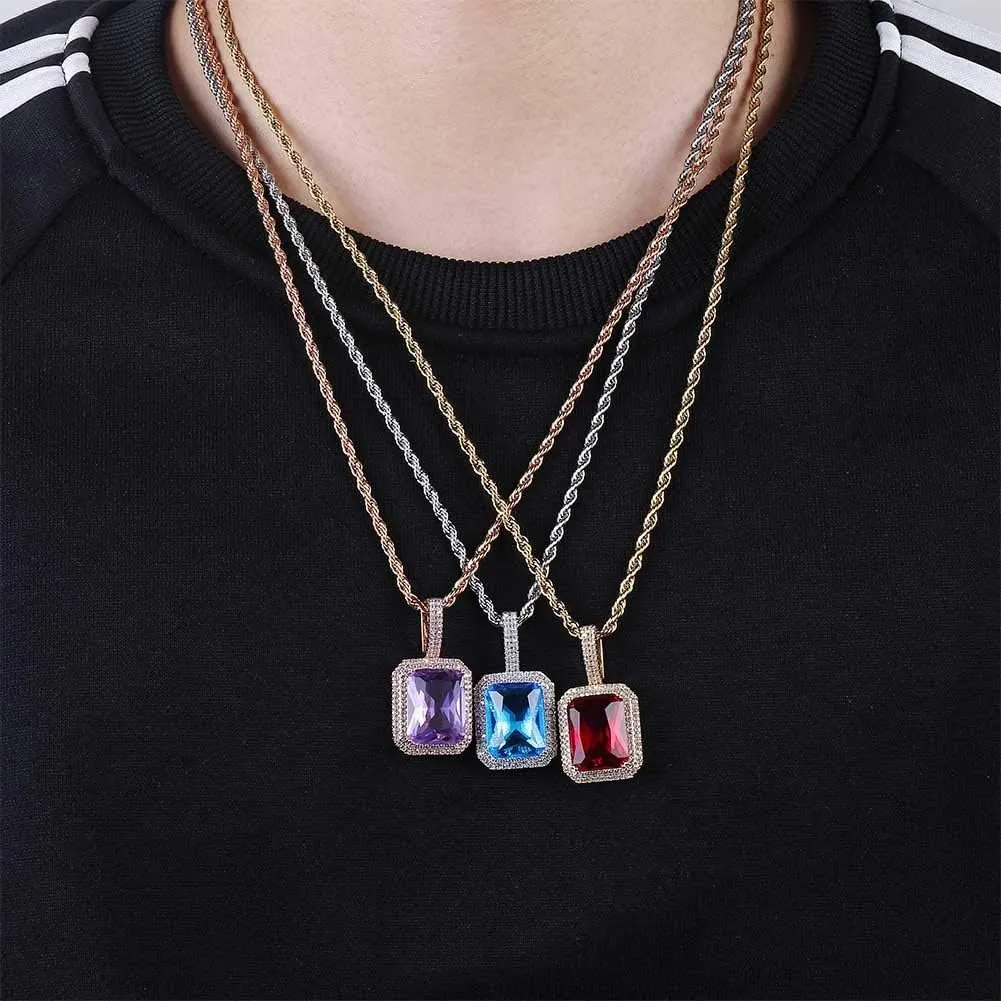 JINAO Hip Hop 6 Colors Solitaire Pendant Cubic Zirconia Halo Pendant Necklace with Solid Back??