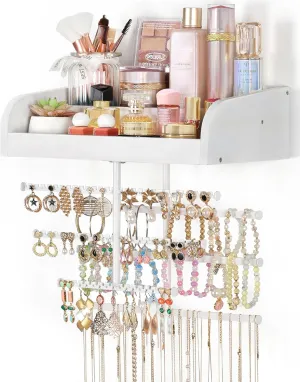 Keebofly Wall Mounted Jewelry Organizer 7-in-1 with Large Stepped Rustic Whitewood Shelves - Iron Jewelry Holder for Earring, Necklace, Bracelet Storage   Makeup/Perfume/Nail Polish Display