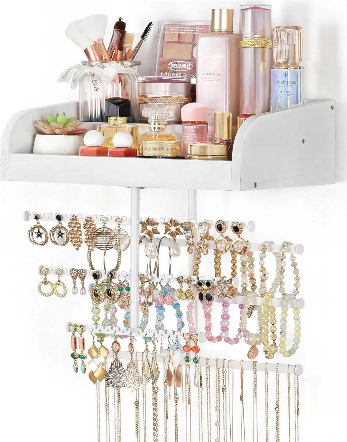 Keebofly Wall Mounted Jewelry Organizer 7-in-1 with Large Stepped Rustic Whitewood Shelves - Iron Jewelry Holder for Earring, Necklace, Bracelet Storage   Makeup/Perfume/Nail Polish Display