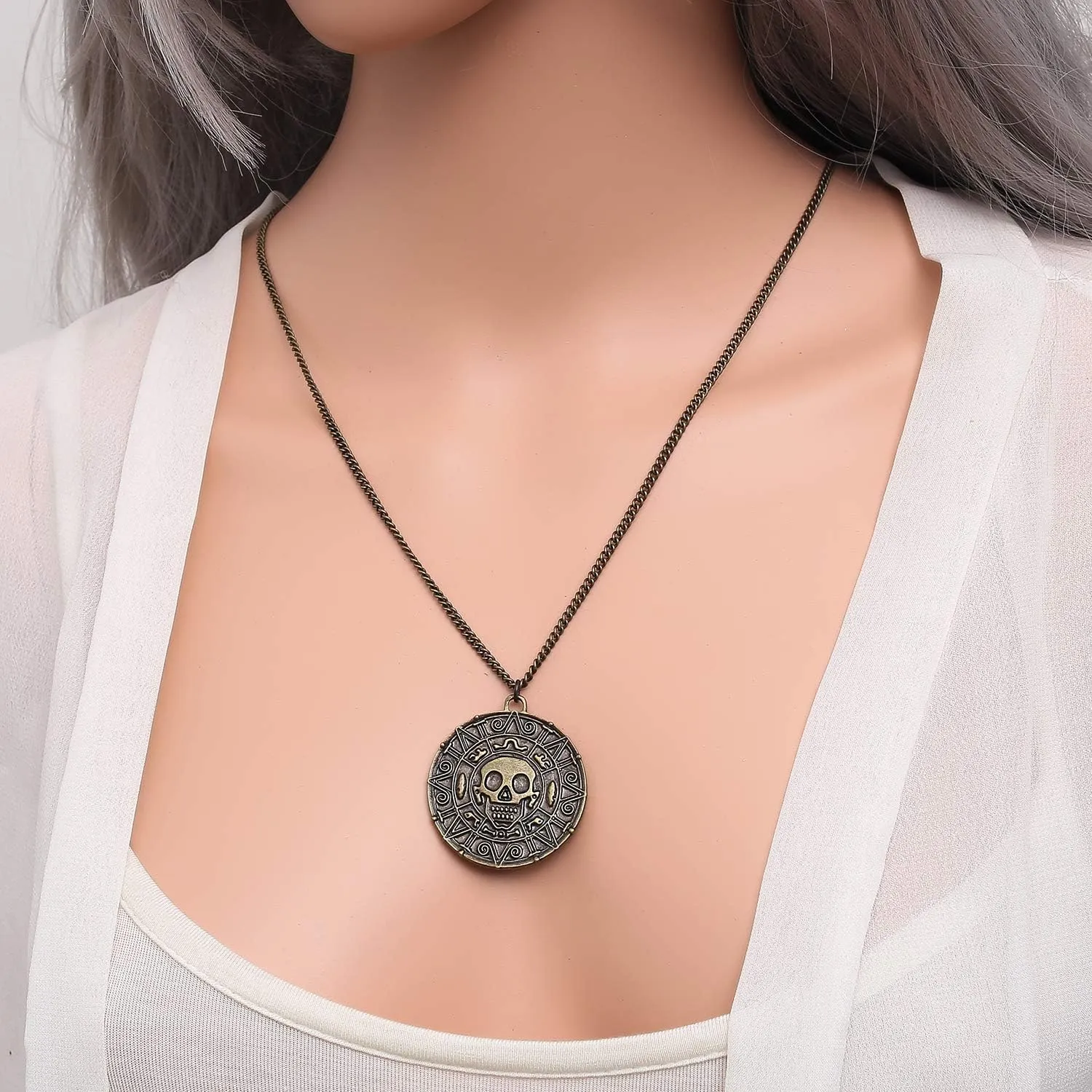 LUREME? Inspired by Pirates of The Caribbean Movies Cursed Aztec Coin Medallion Necklace Skull Necklace(01003817)