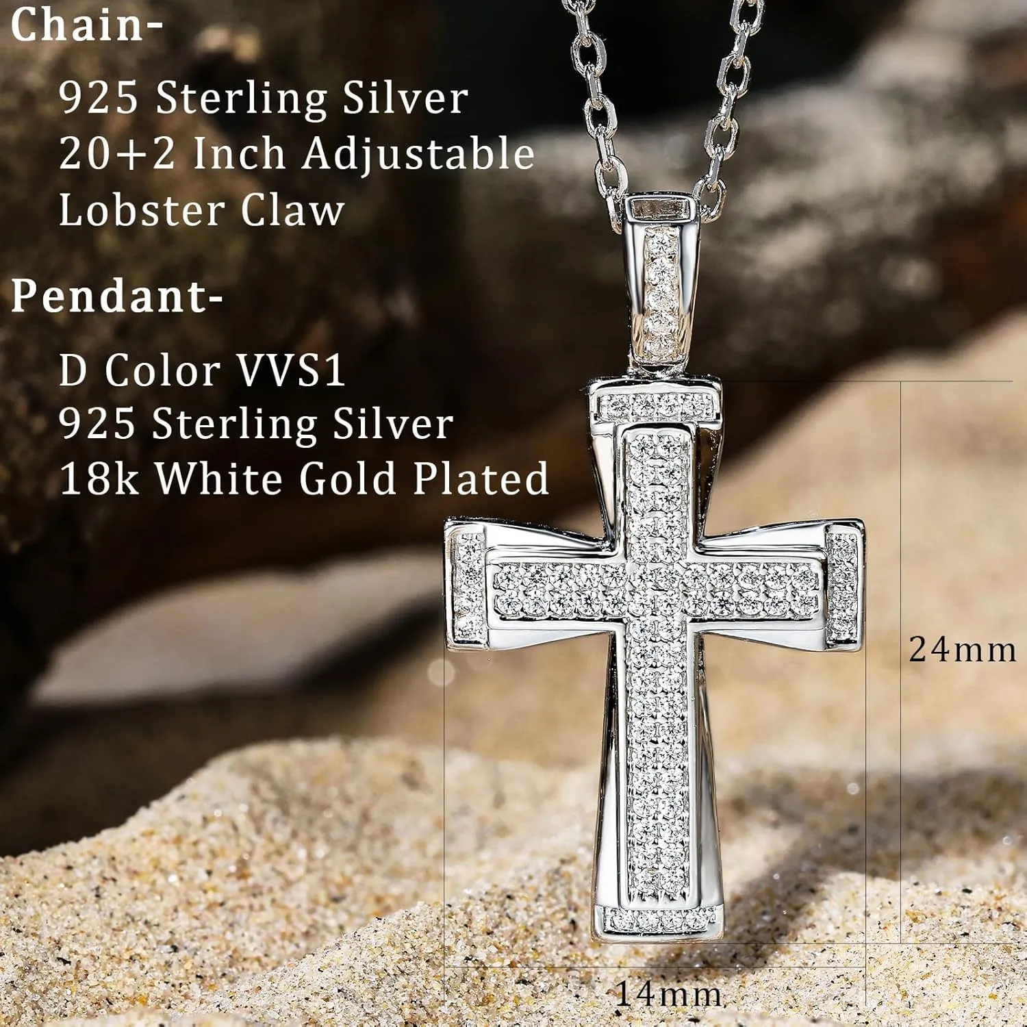 Mens Moissanite Cross Pendant Necklace 925 Sterling Silver D Color VVS1 18k White Gold Plated Gift for Him