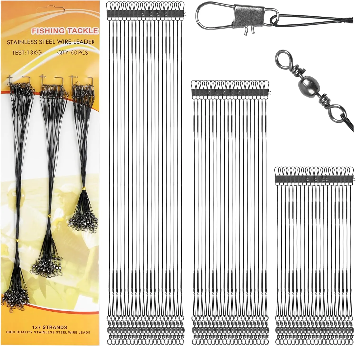 OROOTL Fishing Leaders Kit, 60pcs Stainless Steel Fishing Leaders Saltwater Wire Leader Lines with Swivels Snaps Fishing Tackle Lures Bait Hook Connector