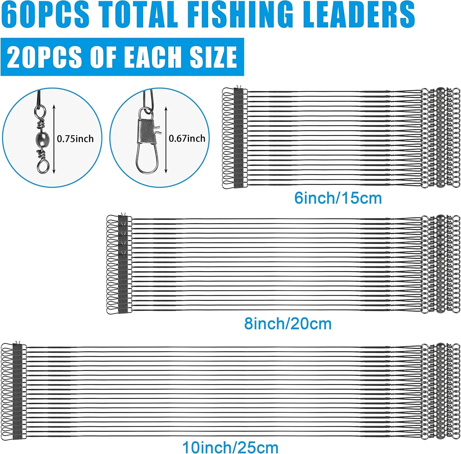 OROOTL Fishing Leaders Kit, 60pcs Stainless Steel Fishing Leaders Saltwater Wire Leader Lines with Swivels Snaps Fishing Tackle Lures Bait Hook Connector